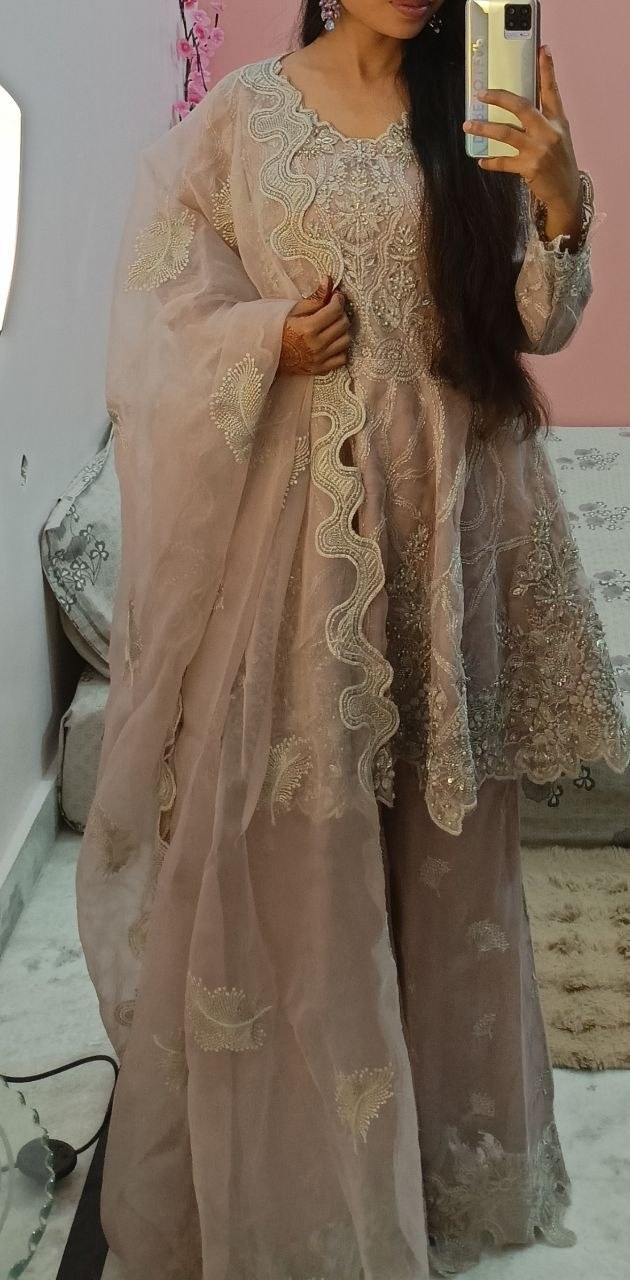 Mirror selfie in a pink embroidered gown